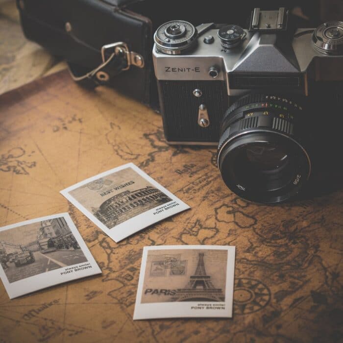 map and photographs and camera