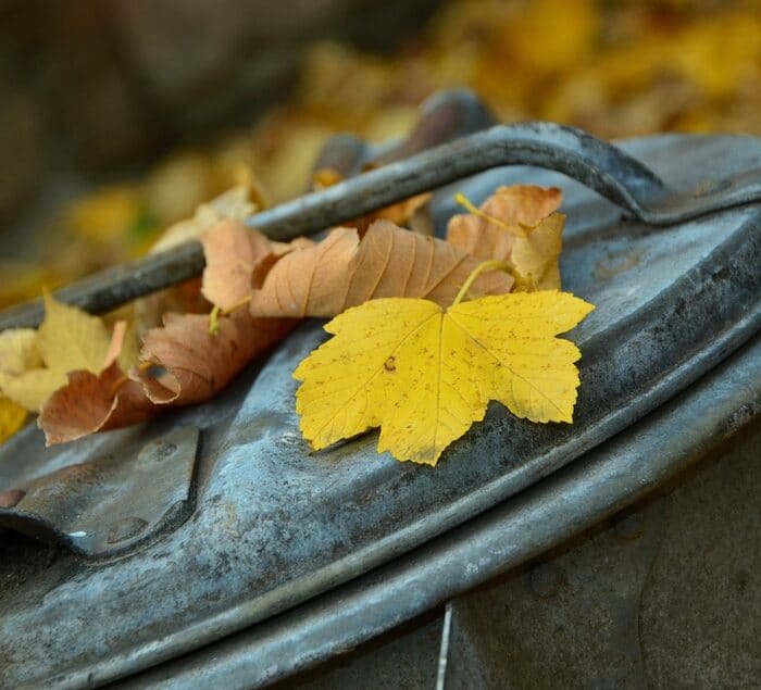 top of trash can with leaves garbage