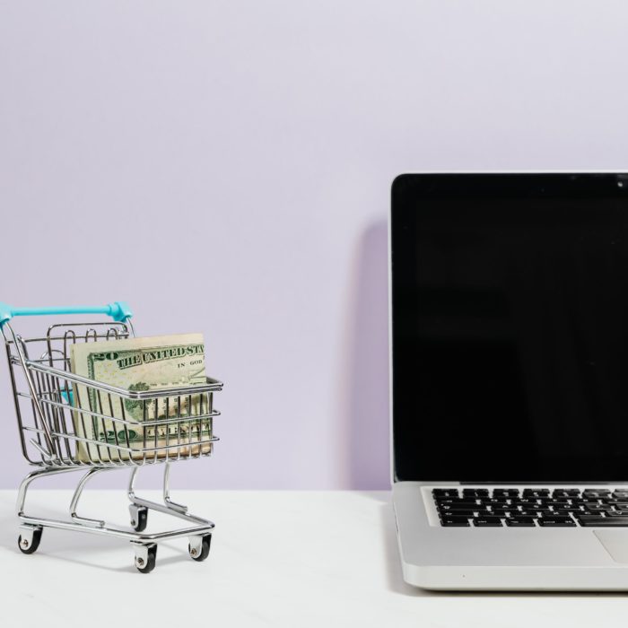 laptop mini shopping cart and money