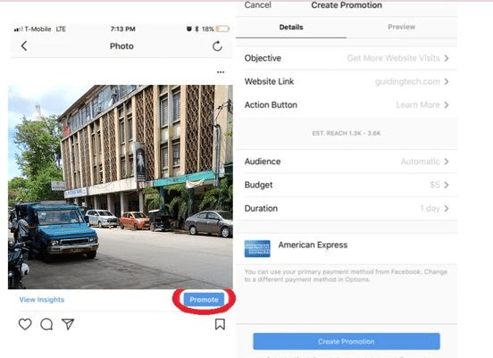 Add a website link by promoting post on Instagram