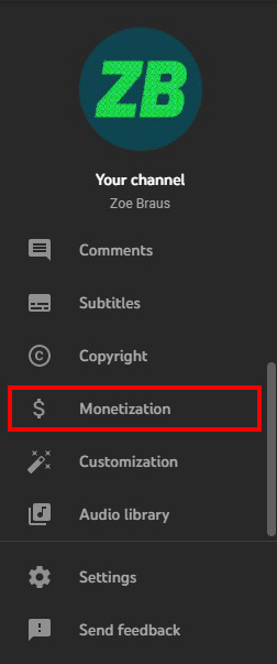Find the Monetization tab