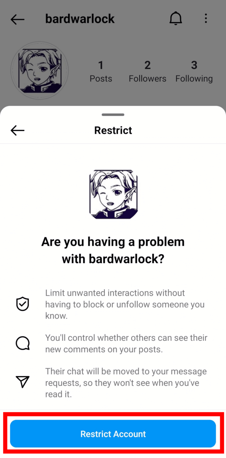 restrict account button Instagram