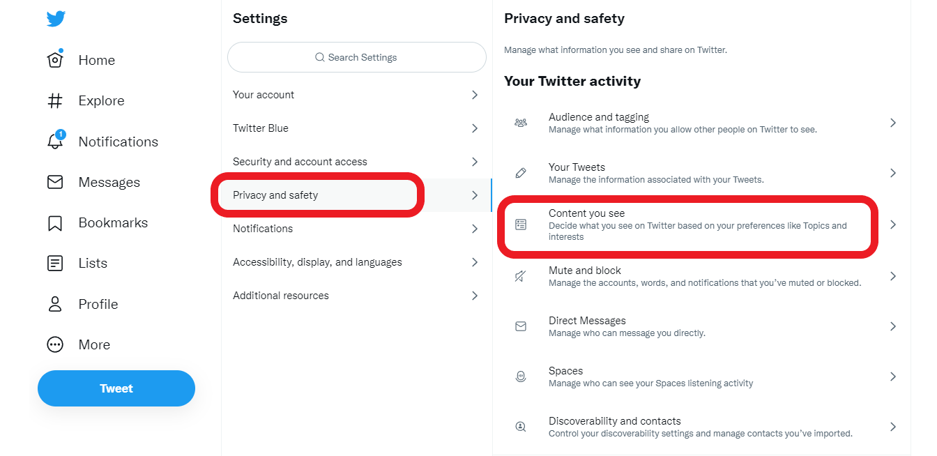 content you see twitter settings on desktop
