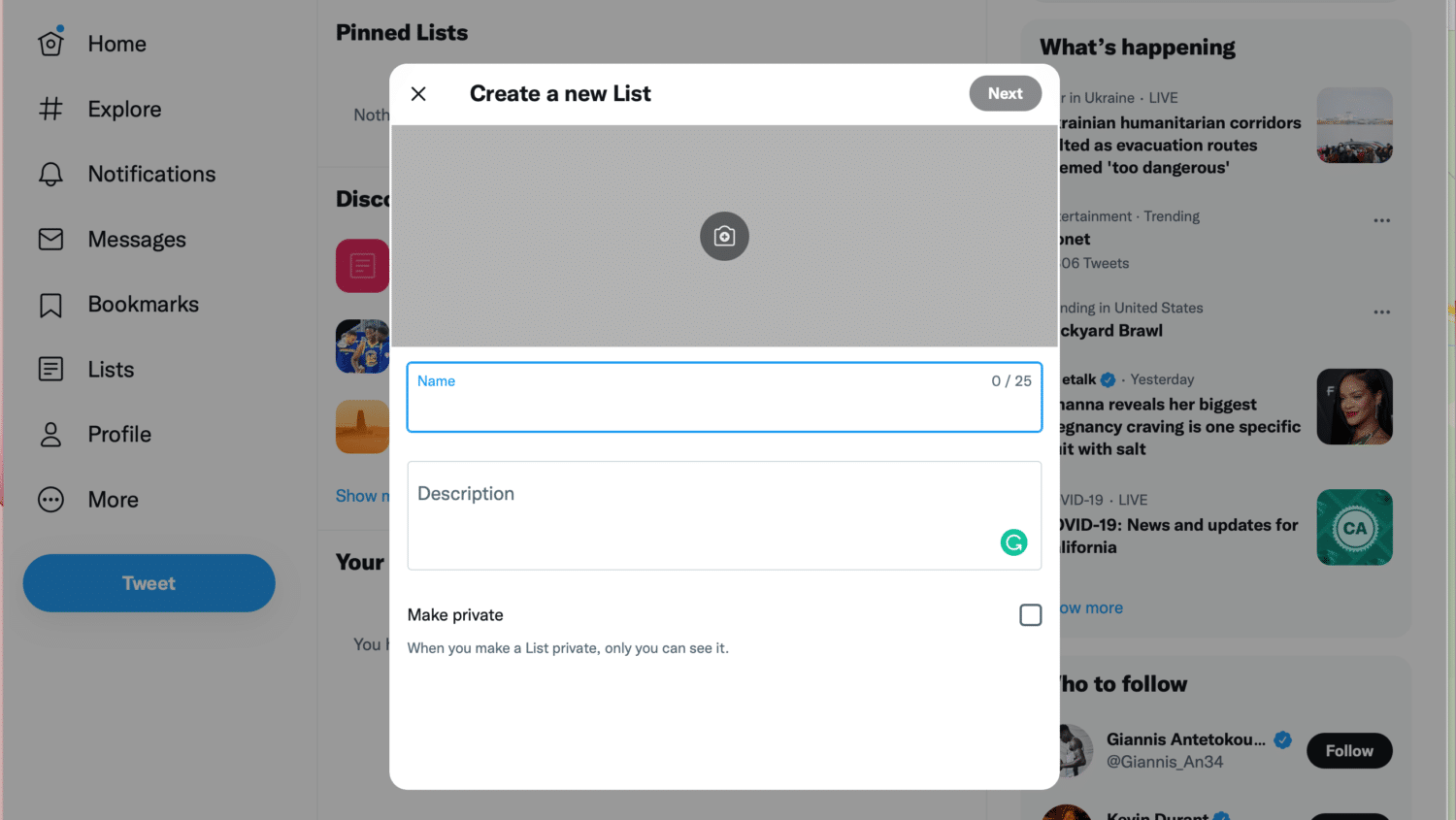 create new twitter list using desktop
