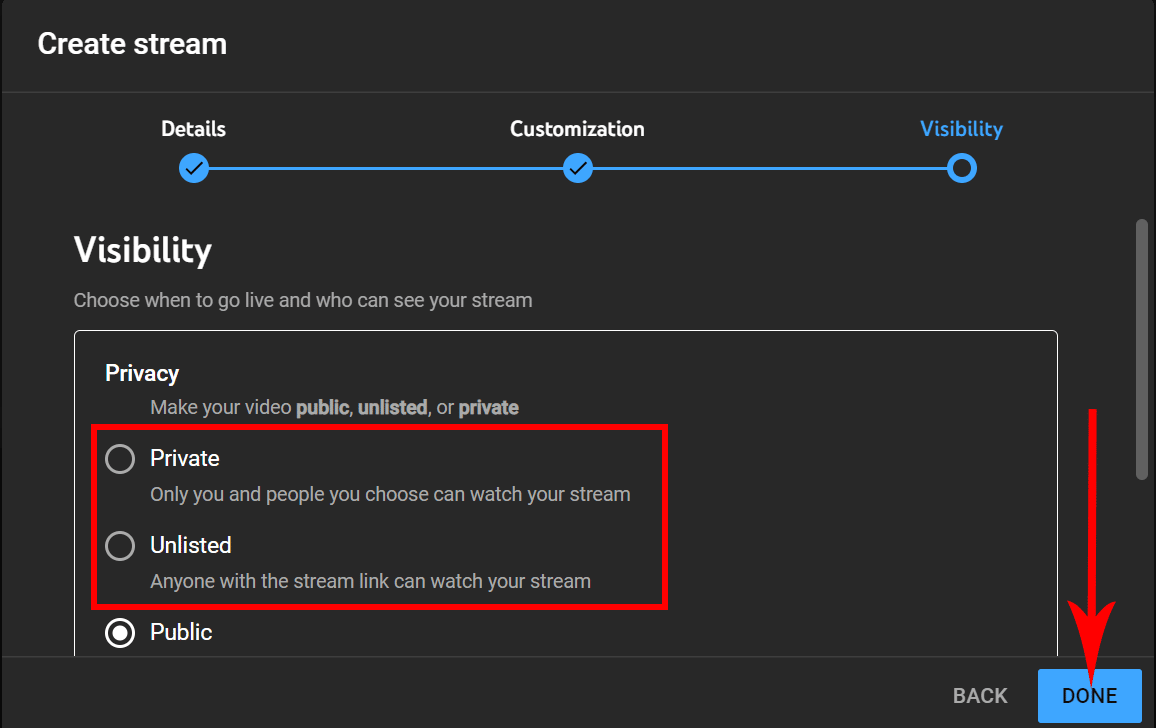create stream visibility options YouTube