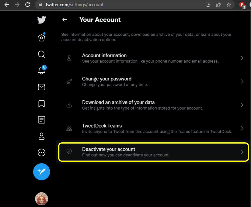 deactivate twitter account using desktop
