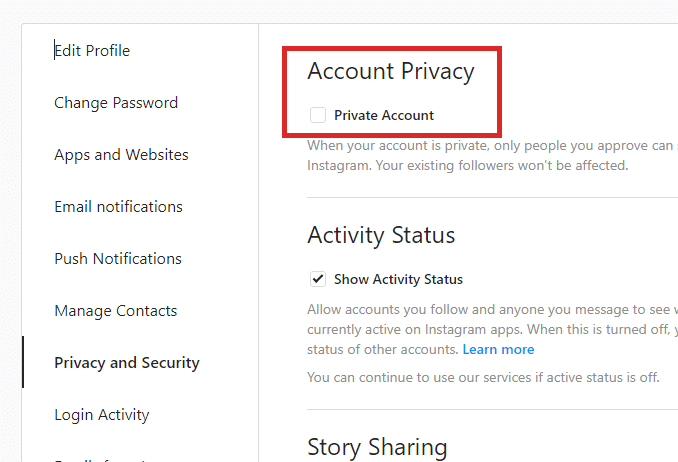 desktop instagram account privacy settings