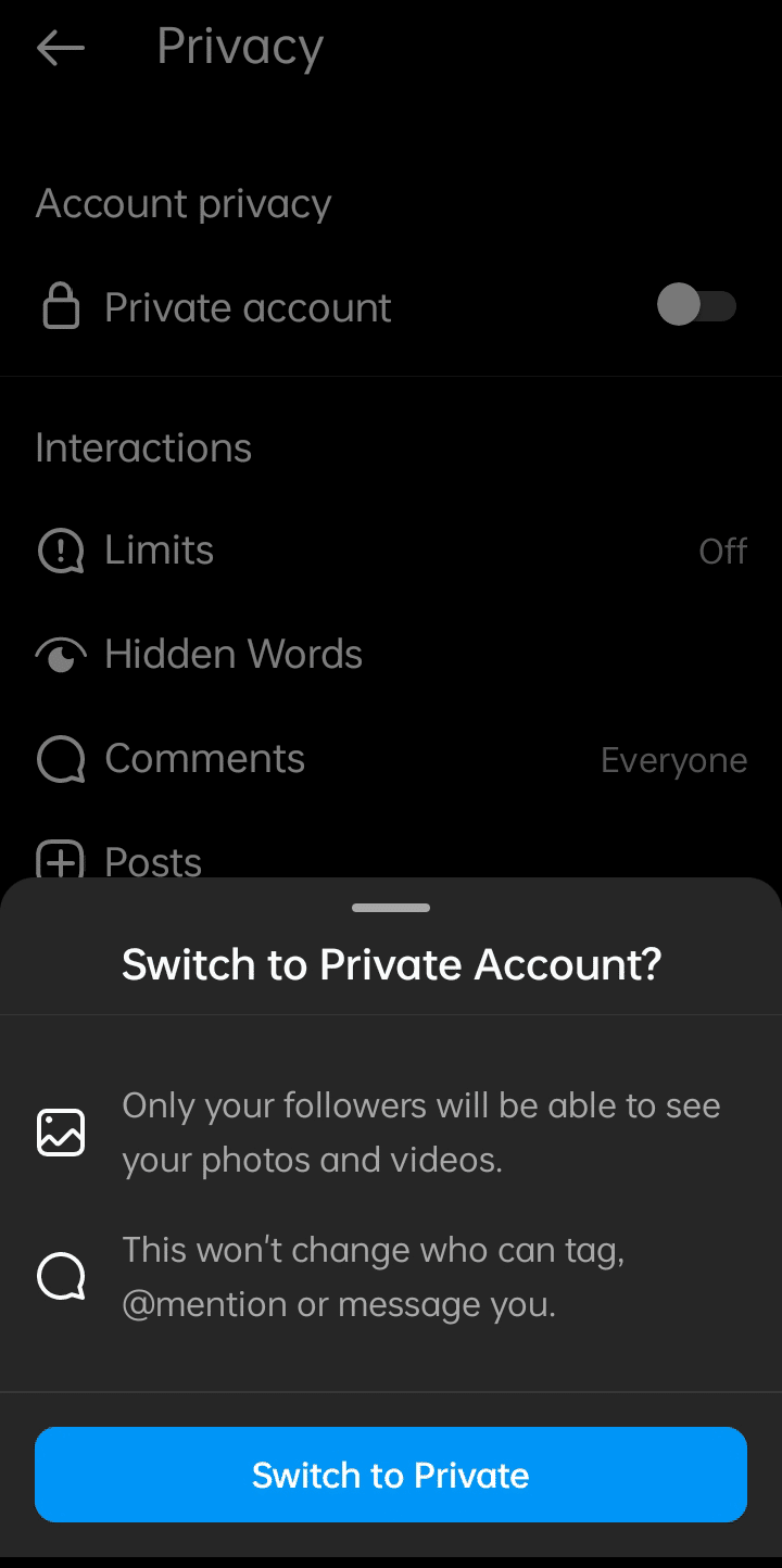 instagram switch private account ios android