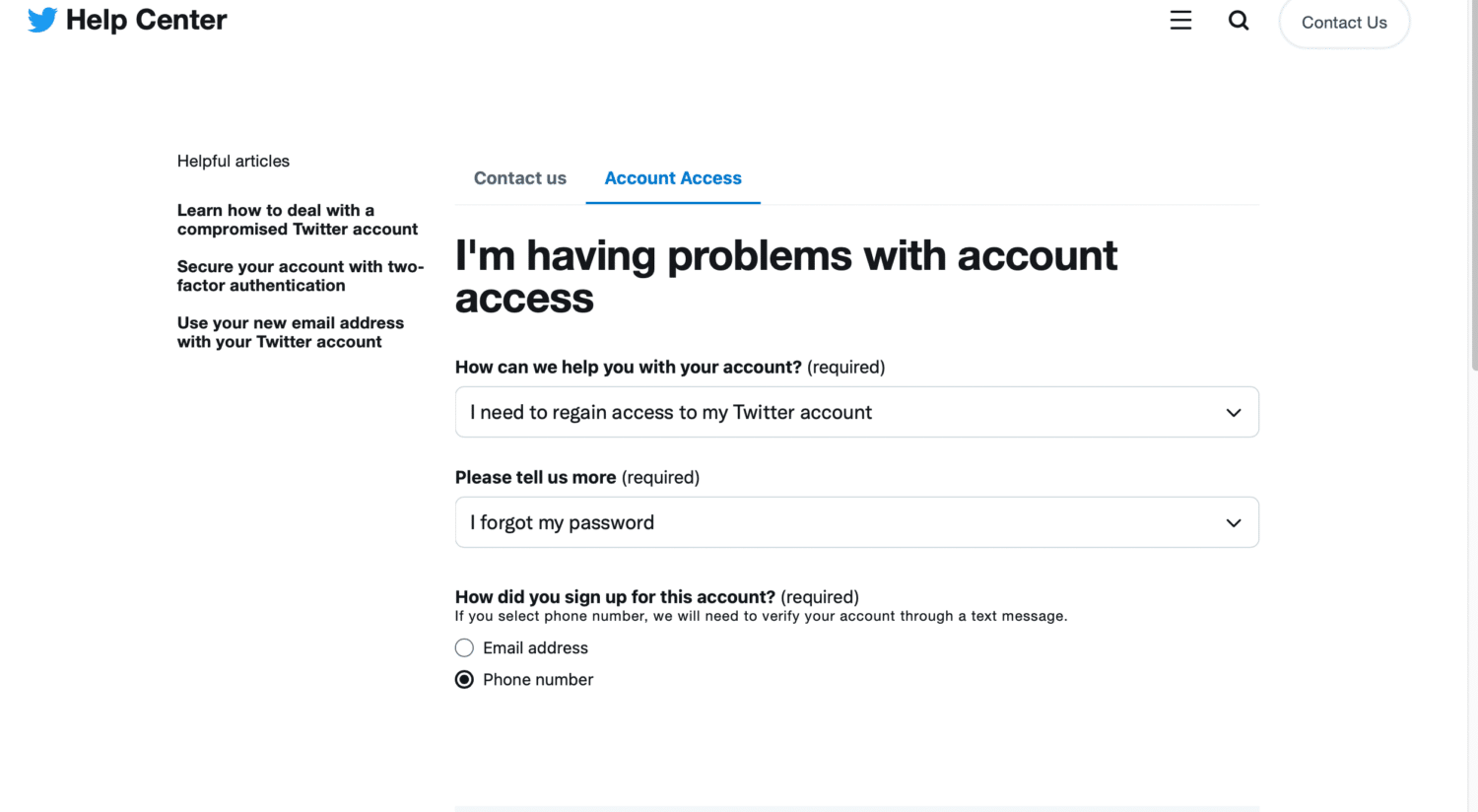 twitter account access problem use phone number