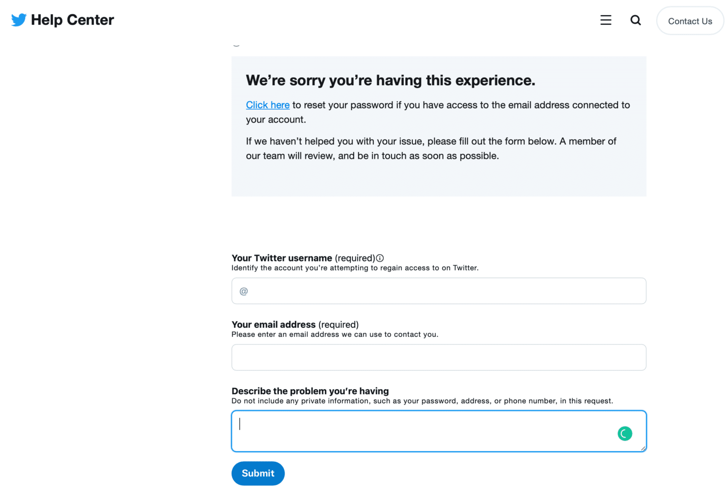 twitter password recovery help center