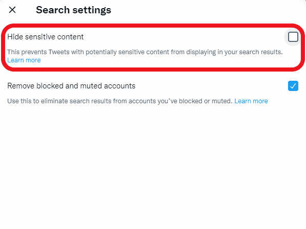 check uncheck hide sensitive content option on twitter
