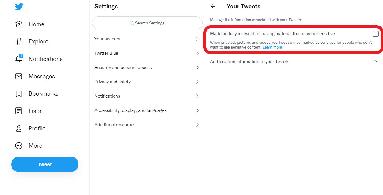 check uncheck mark media you tweet as containing material that may be sensitive option on twitter