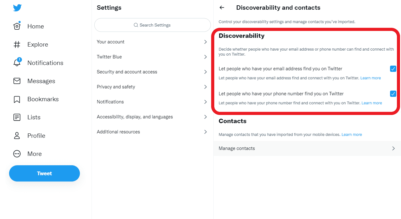 edit discoverability on twitter account settings