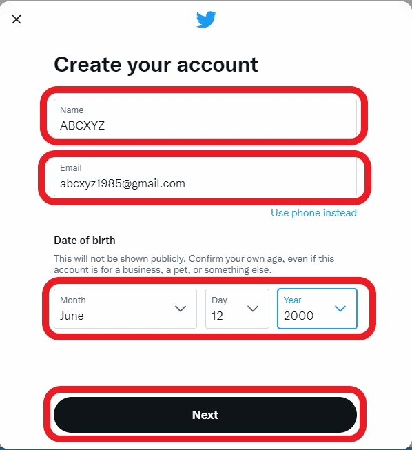 enter date of birth twitter sign up options
