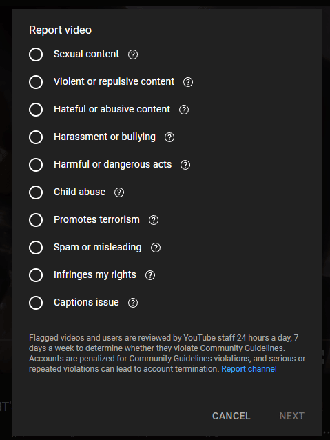 reasons for reporting a video on youtube