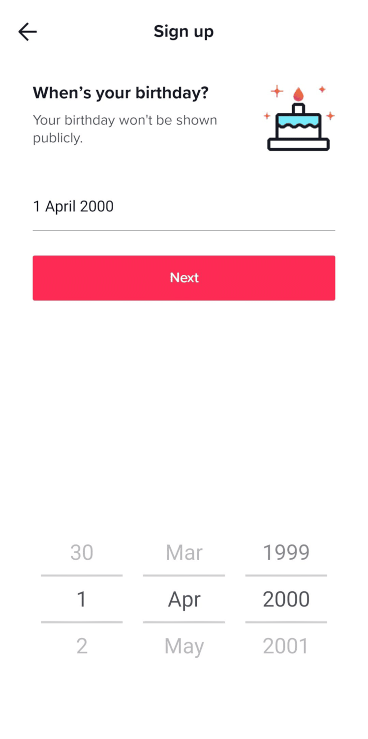 enter birthday for tiktok sign up using mobile devices