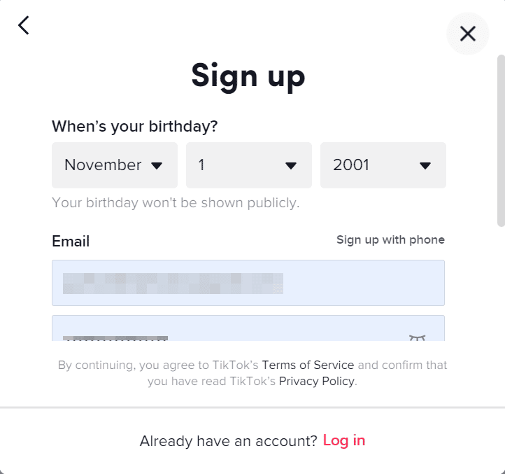 enter birthday on tiktok sign up using desktop pc