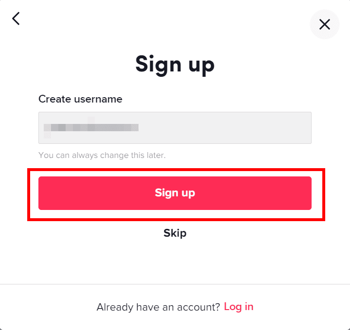 enter new username to tiktok sign up using desktop pc