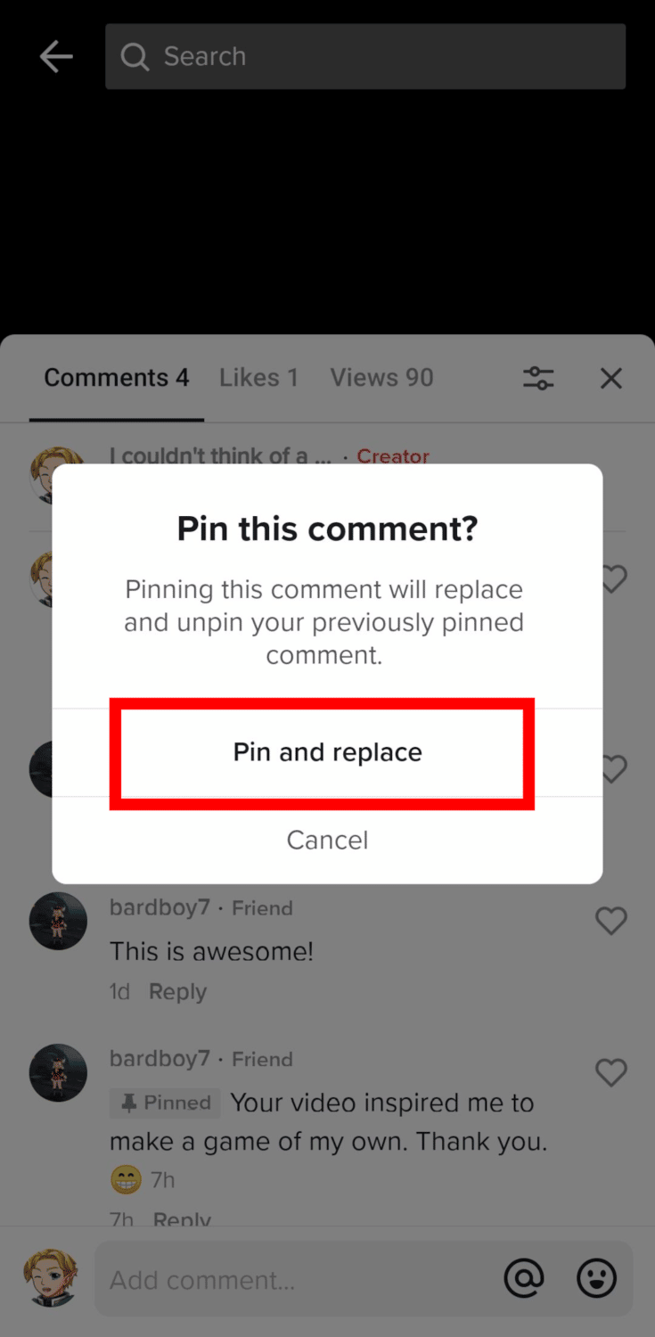 pin and replace comment on tiktok using android devices