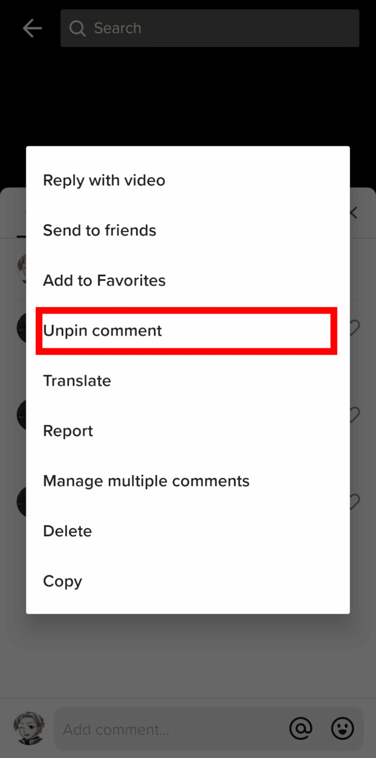 remove pinned comment on tiktok using android devices