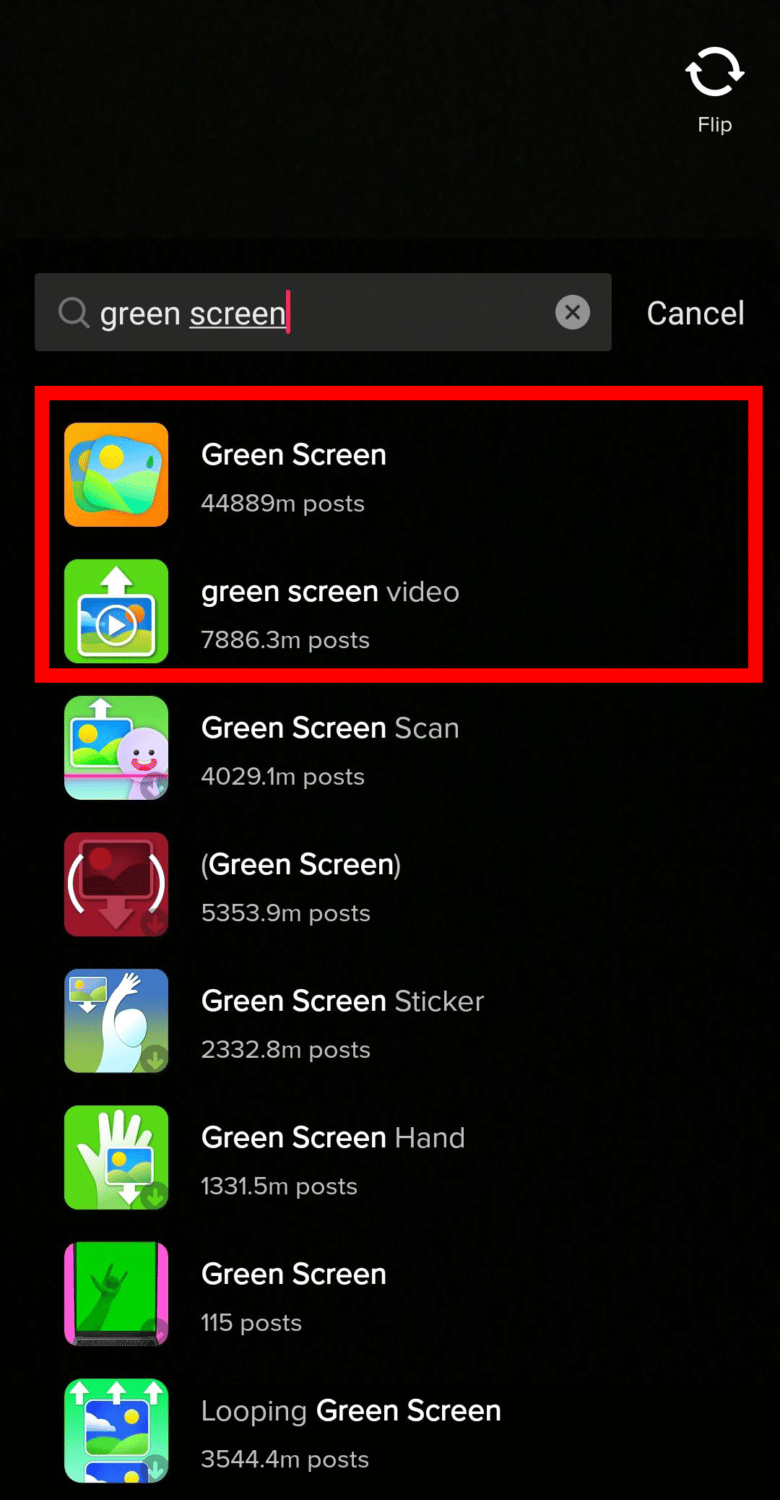 search for green screen effect on tiktok using android or ios