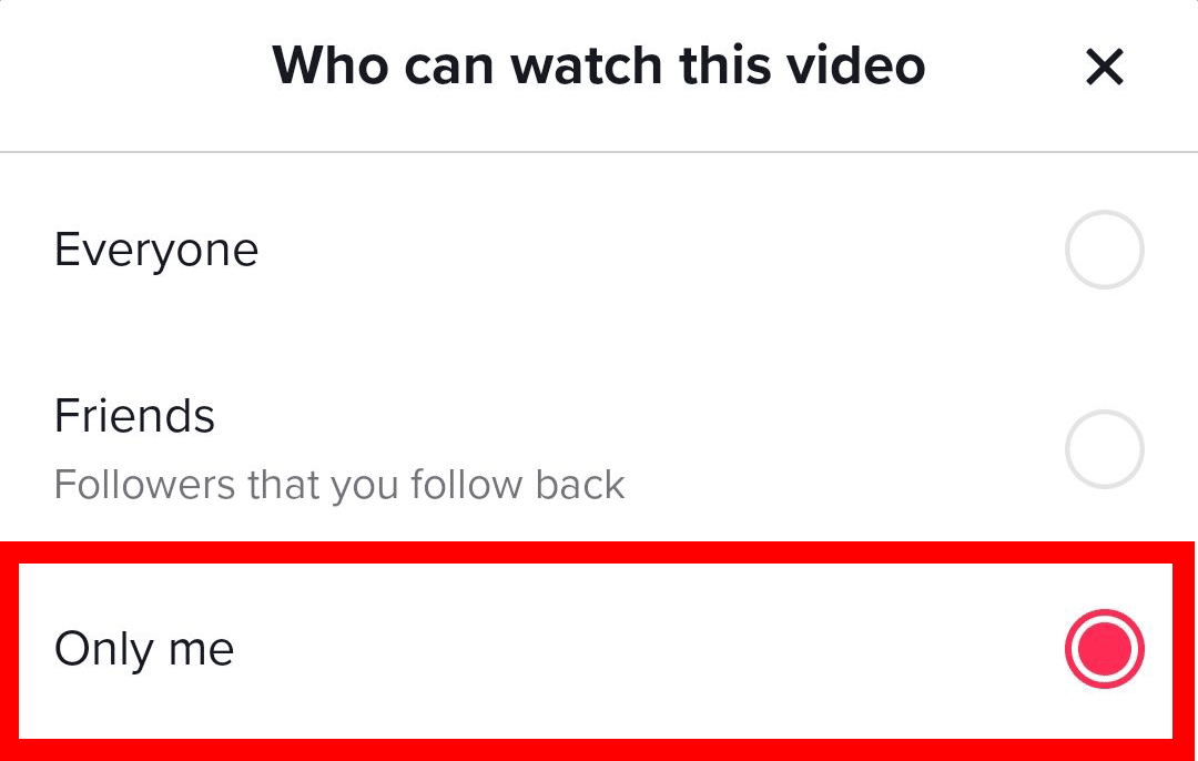 select only me option for tiktok video who can watch this video on mobile phone