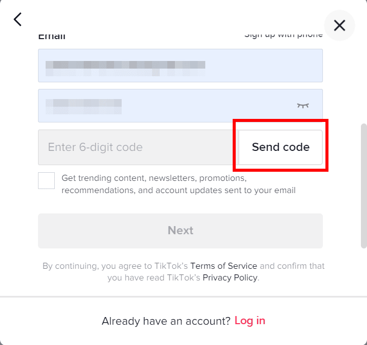 send verification code for tiktok sign up using desktop pc