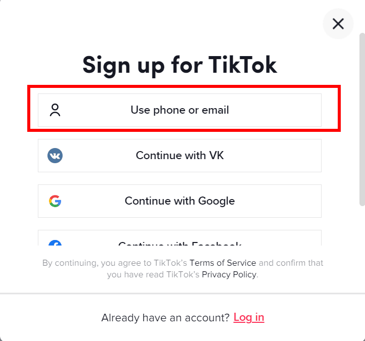 sign up on tiktok using phone or email