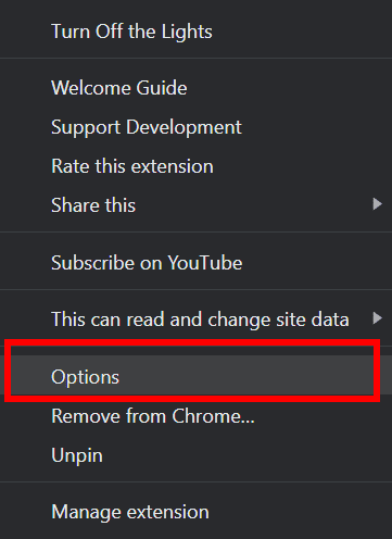 turn lights off chrome extension options menu