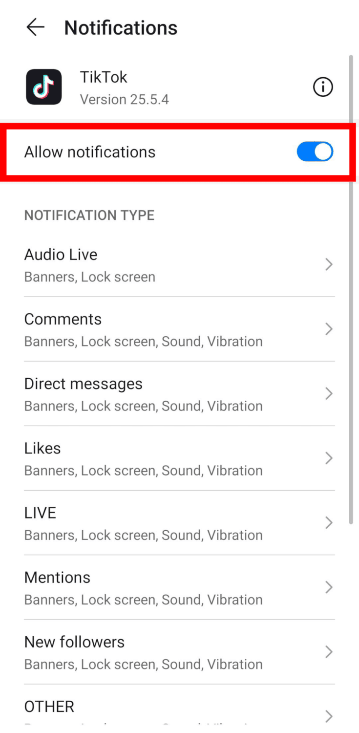 allow notifications on tiktok app