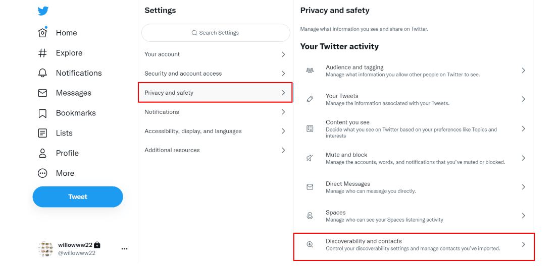 change twitter privacy and safety on discoverability of contacts on desktop pc