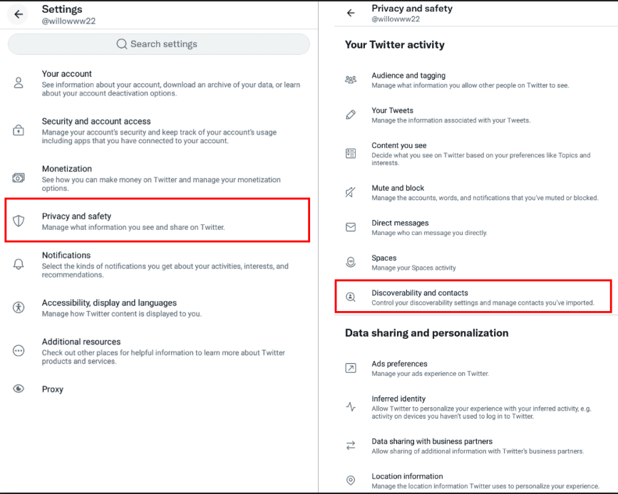 change twitter privacy and safety on discoverability of contacts using android phone