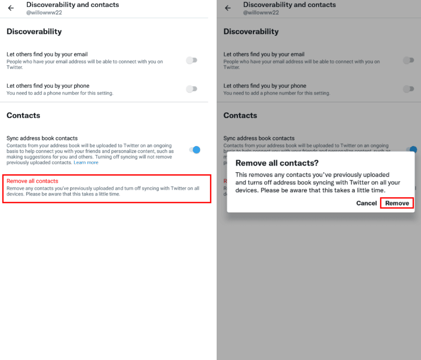 remove contacts on twitter using android or ios