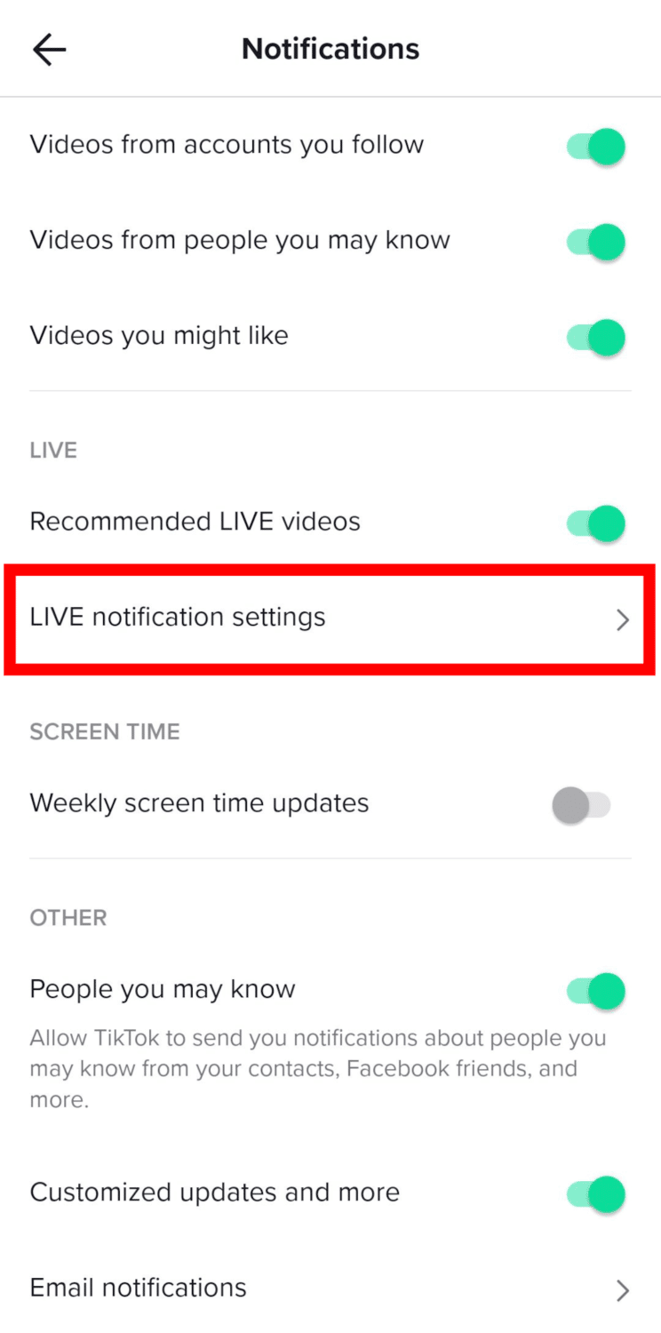 turn on live notification settings on tiktok