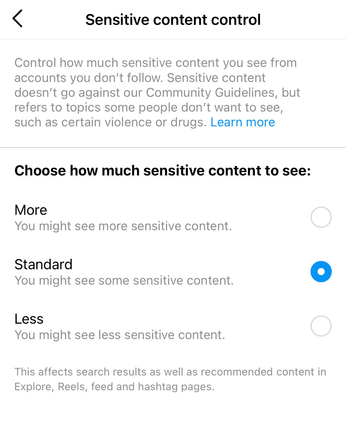 instagram sensitive control settings