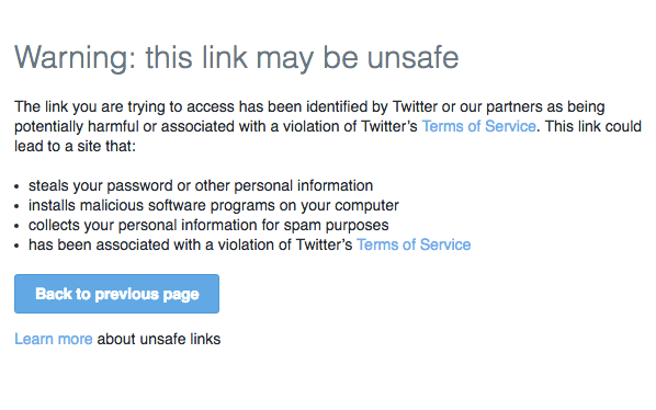 malicious website link warning on twitter