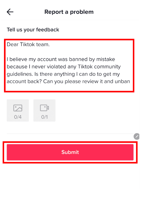 send feedback on tiktok to appeal for ban