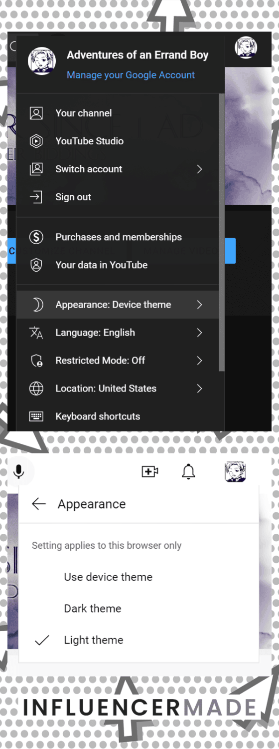 switch on dark mode on youtube appearance settings