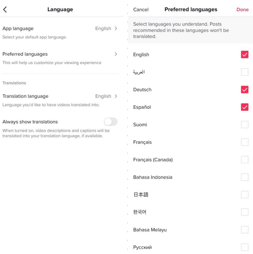 tiktok fyp preferred language