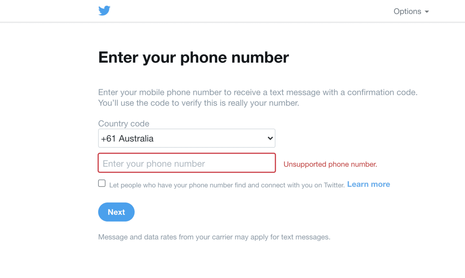 use country code to enter valid phone number on twitter