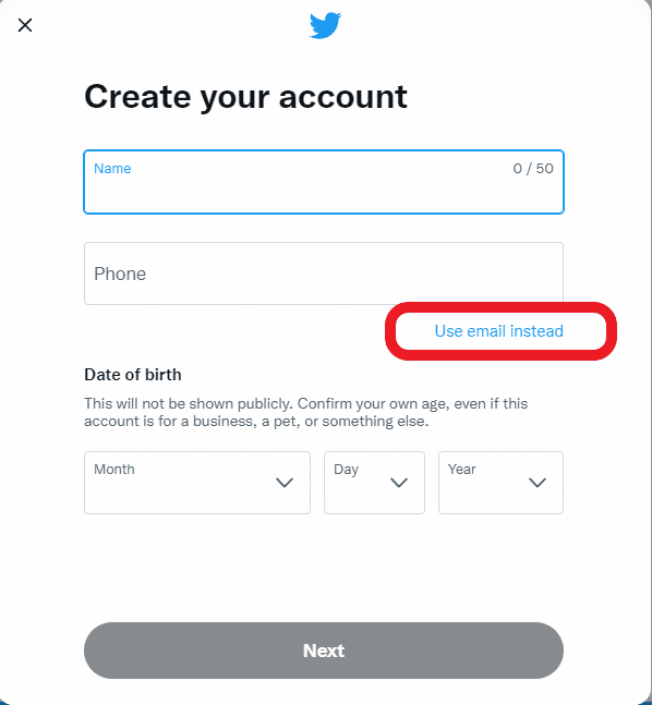 use email instead on twitter sign up