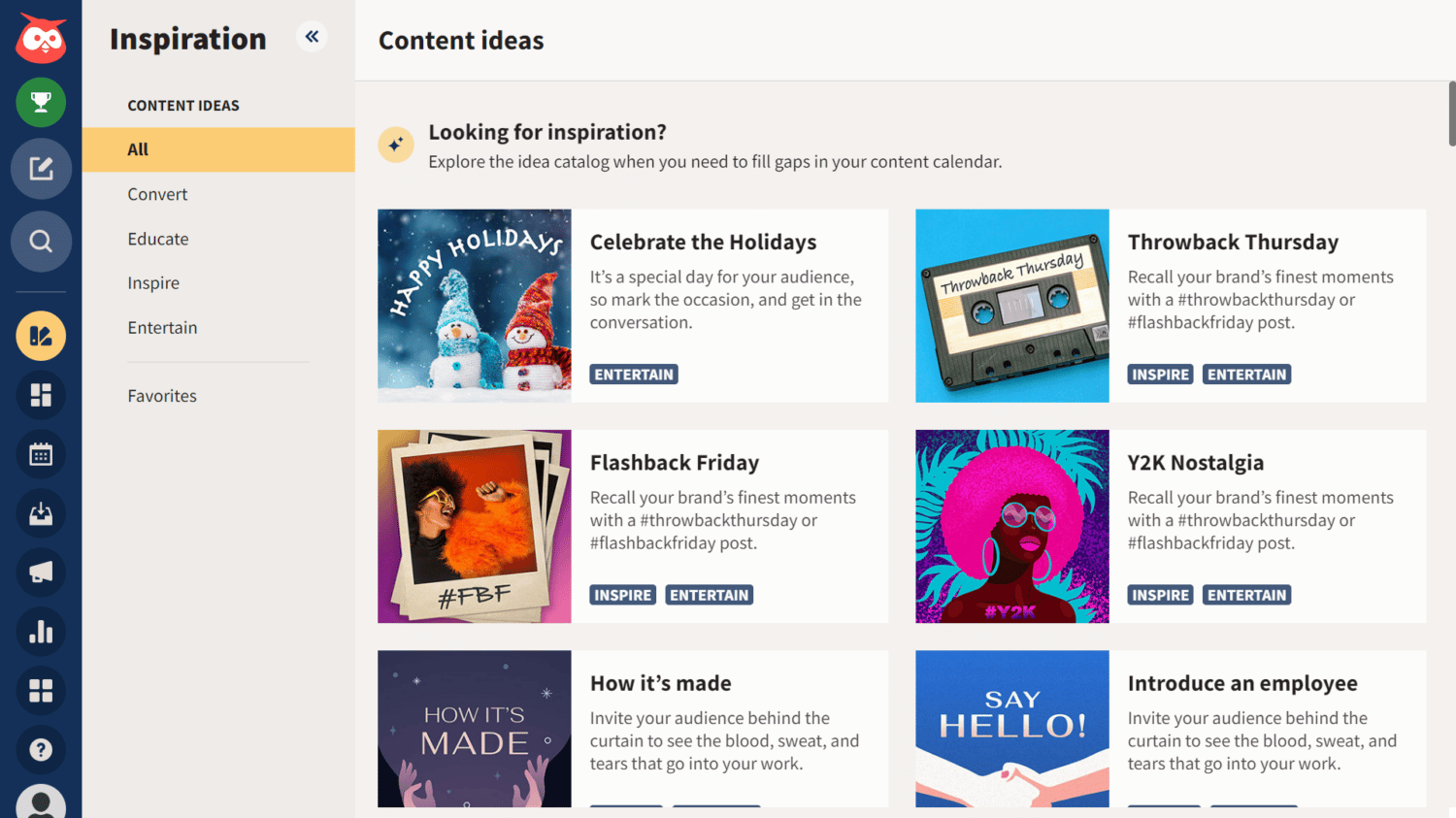 Hootsuite Inspiration board to find content ideas