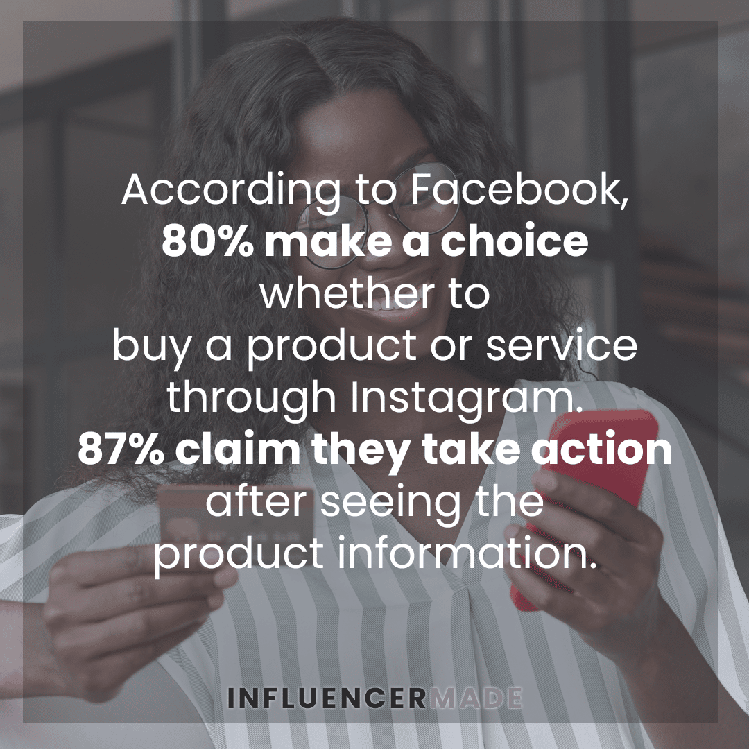 According to Facebook, 80% make a choice whether to buy a product or service through Instagram. 87% claim they take action after seeing the product information. 