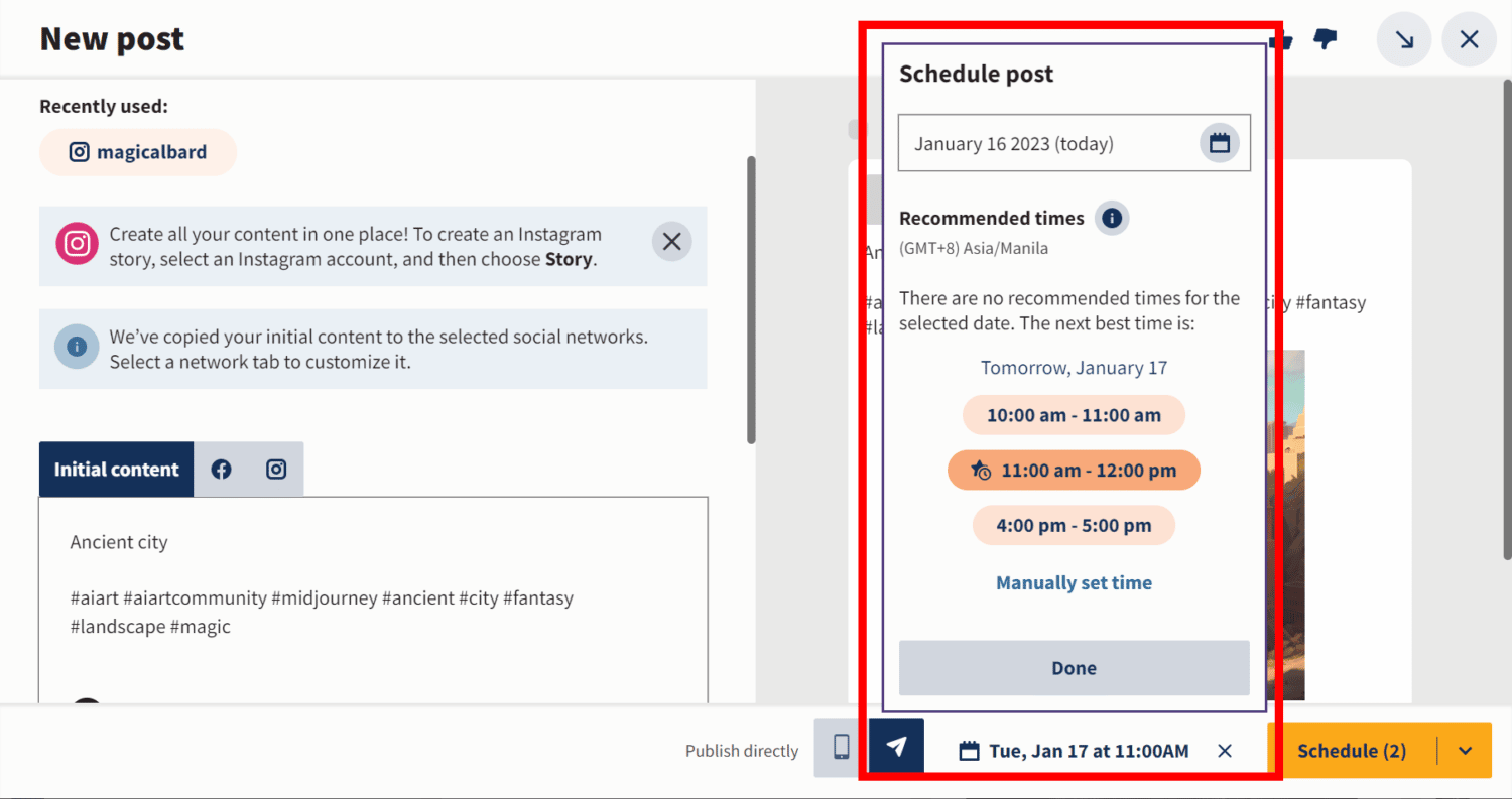 Recommended Times by Hootsuite schedule manually