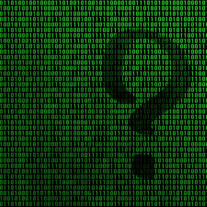 An image of a binary code from bright green digits, through which the form of a question mark is visible