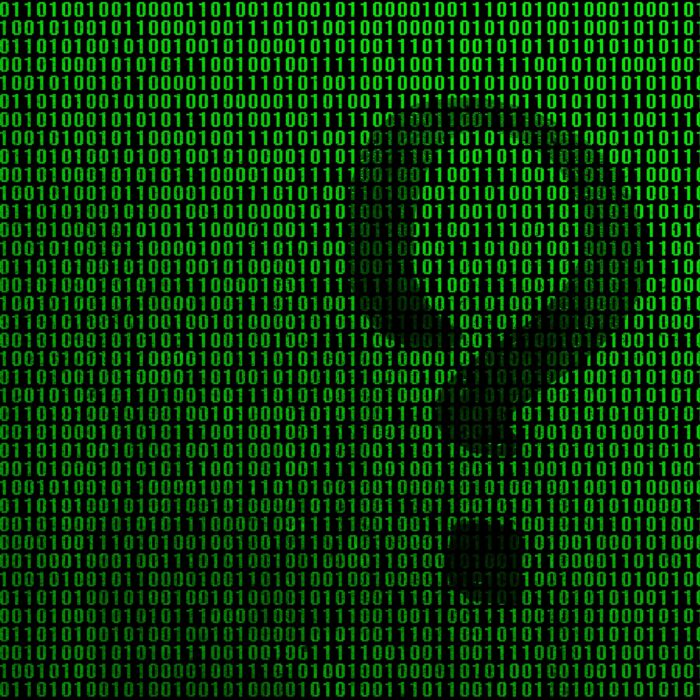 An image of a binary code from bright green digits, through which the form of a question mark is visible
