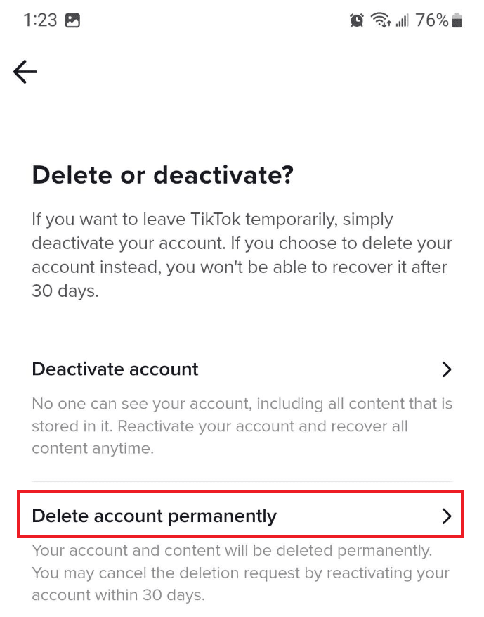 Select Delete account permanently